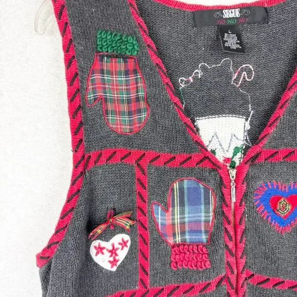 Vintage Holiday Grannycore Knit Zip Front Vest L Festive Ugly Christmas Sweater - Picture 2 of 13